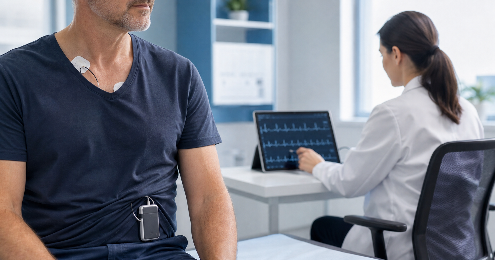 Paciente usando um monitor Holter enquanto uma profissional analisa um traçado cardíaco